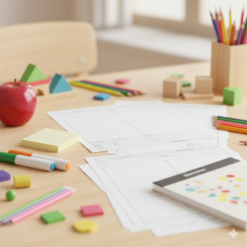 mesa con libros y planeaciones